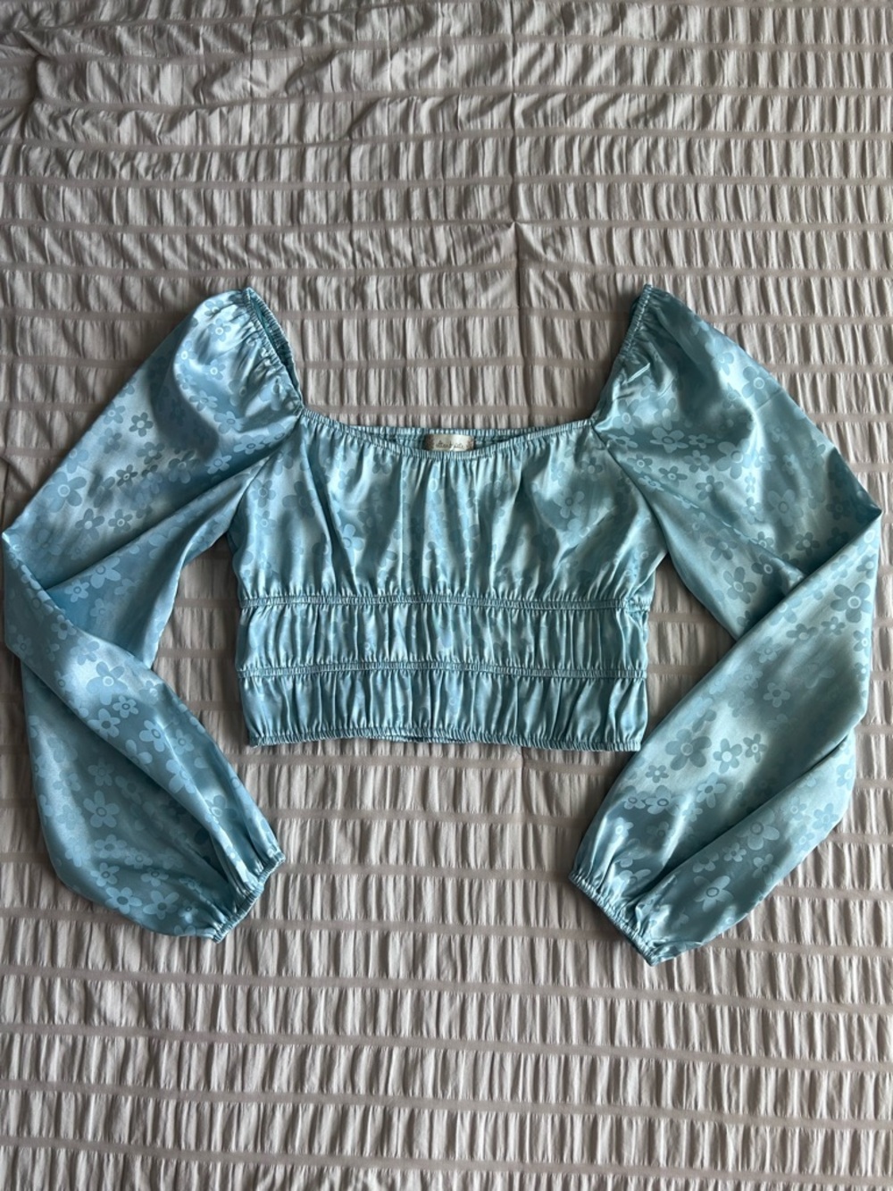 Altar'd State Blue Satin Floral Puff Sleeve Crop Top (M)